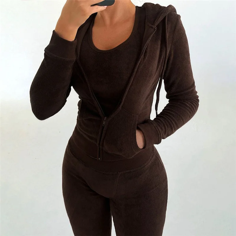 Towel Fabric 2 Piece Sets Women Autumn Winter Tracksuit Solid Long Sleeve Hooded Jacket Coat And Pants Casual Jogger Suits