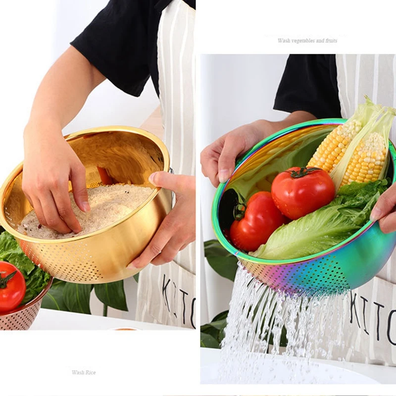 

Strainer Basket Rice Stainless Steel Washing Filter Strainer Colorful Basket Sieve Drainer Kitchen Gadget