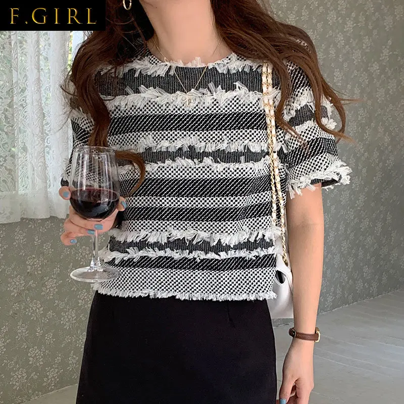 

F GIRLS Small Fragrance Hit Color Stripe Y2k Clothes O Neck Tassel Patchwork Tops Women Short Sleeve T Shirt Casual Tees