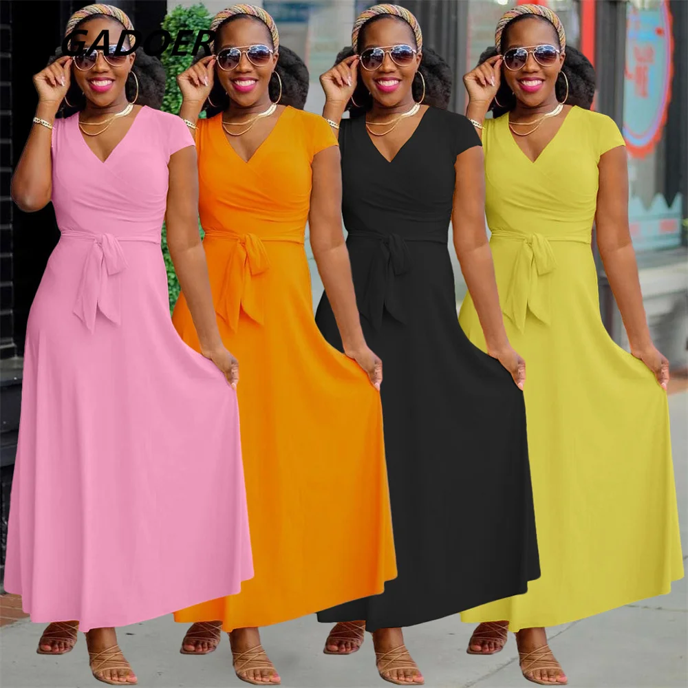 

FAGADOER Women Elegant Solid V-Neck Bodycon Belt Long Dress 2022 Summer Female Fashion Short Sleeve Dresses Streetwear Party