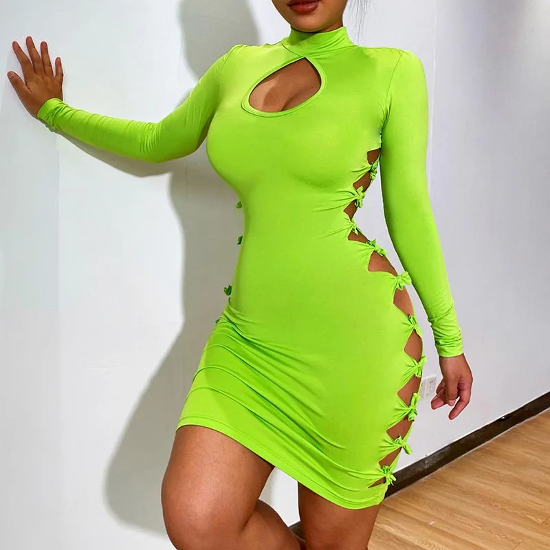 

2022 Spring/summer New Sexy Temperament Simple Small Dress Tied Hollow Long Sleeve Dress