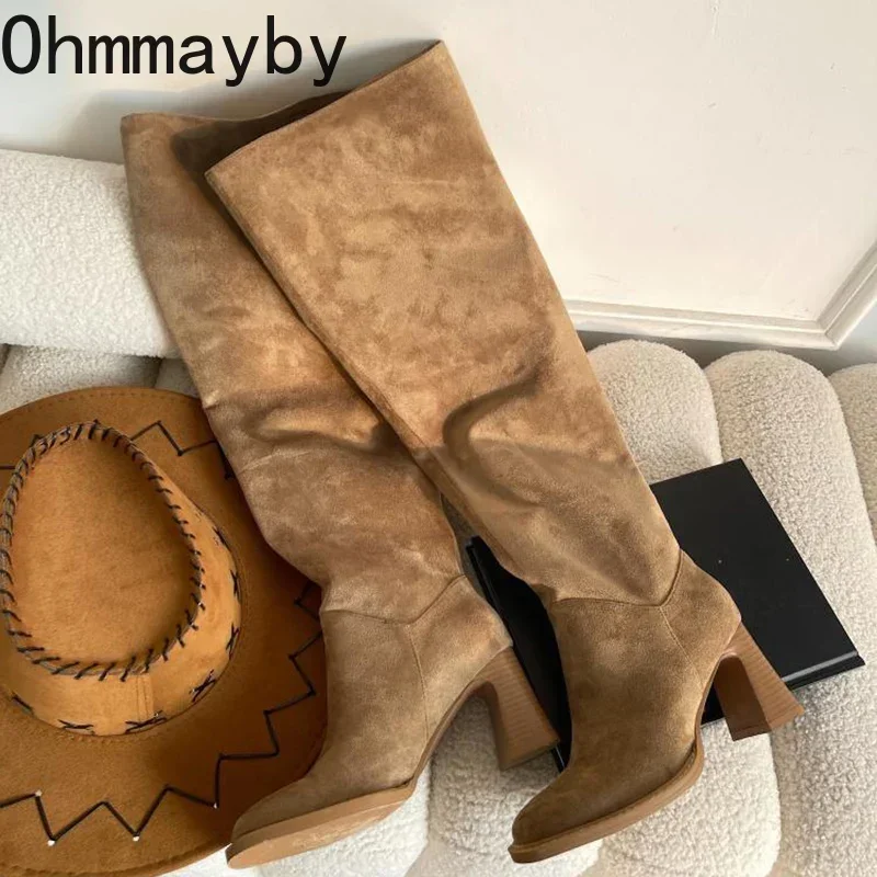 Женские сапоги до колена без шнуровки в стиле вестерн модные плиссированные