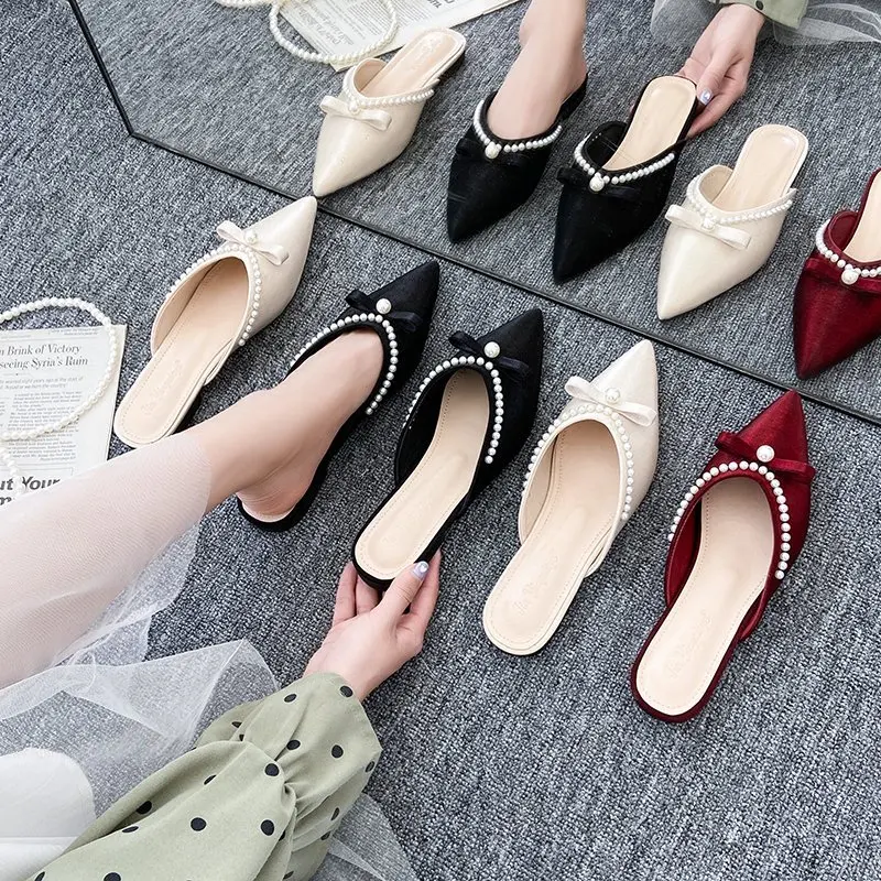 

Shoes Woman 2022 Cover Toe String Bead Slippers Flat Pantofle Butterfly-Knot Low New Butterfly-knot Slides Spring Rubber PU Basi