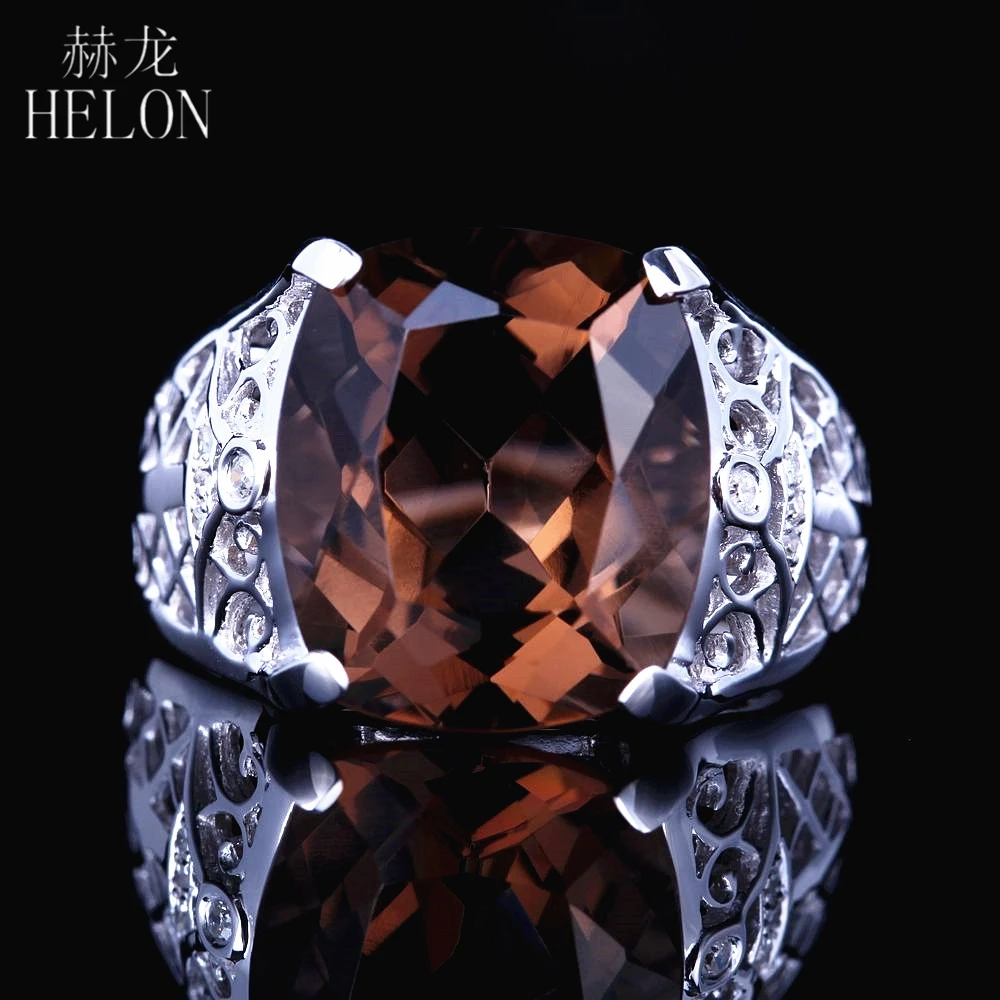 

HELON 925 Serling Silver Ring Flawless Cushion 14x12mm Genuine Natural Smokey Quartz Diamond Jewelry Engagement Wedding Ring