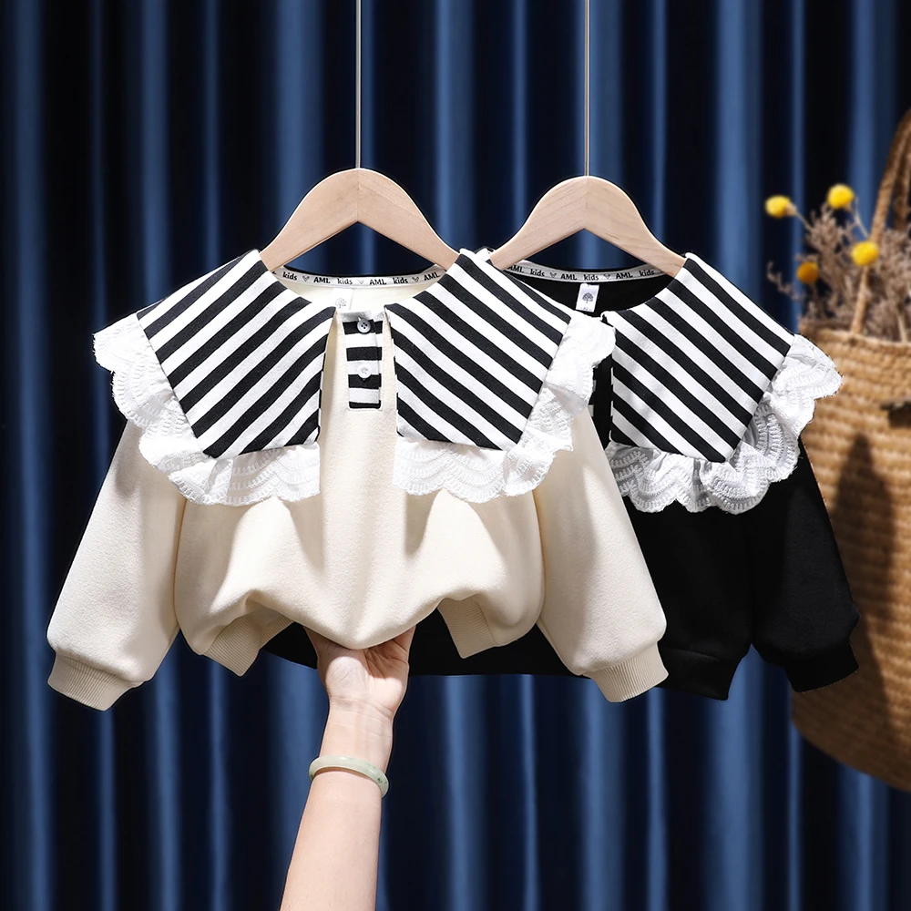 

Утепленный бархатный свитер с лацканами для девочек, пальто для детей, малышей, младенцев, детей, детские зимние милые кружевные топы принце...