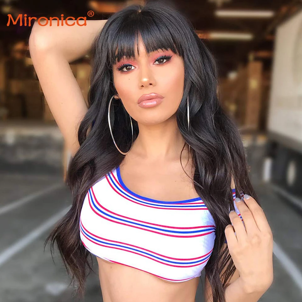 

Human Hair Wig With Bang Body Wave Full Machine Made Glueless Wig Peruvian Hair Natural Black Wig 180% Density Free Shipping