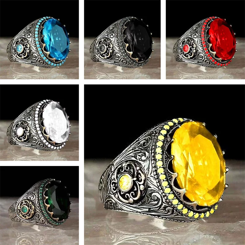 

Retro Men's Ring Red Blue Yellow Black and White Gemstone Ring Inlaid Turquoise Gothic Fashion Personality Wedding Jewelry