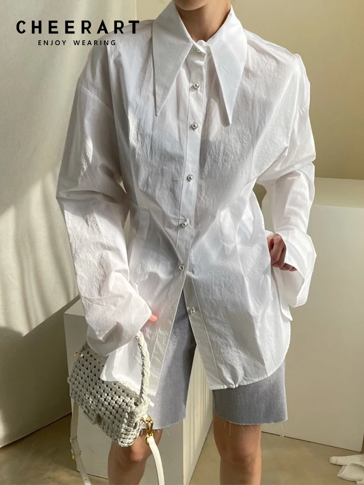 

CHEERART осень 2022 белая черная рубашка на пуговицах для женщин Корейский модный топ с длинным рукавом туники рубашка с воротником Блузка Одежда