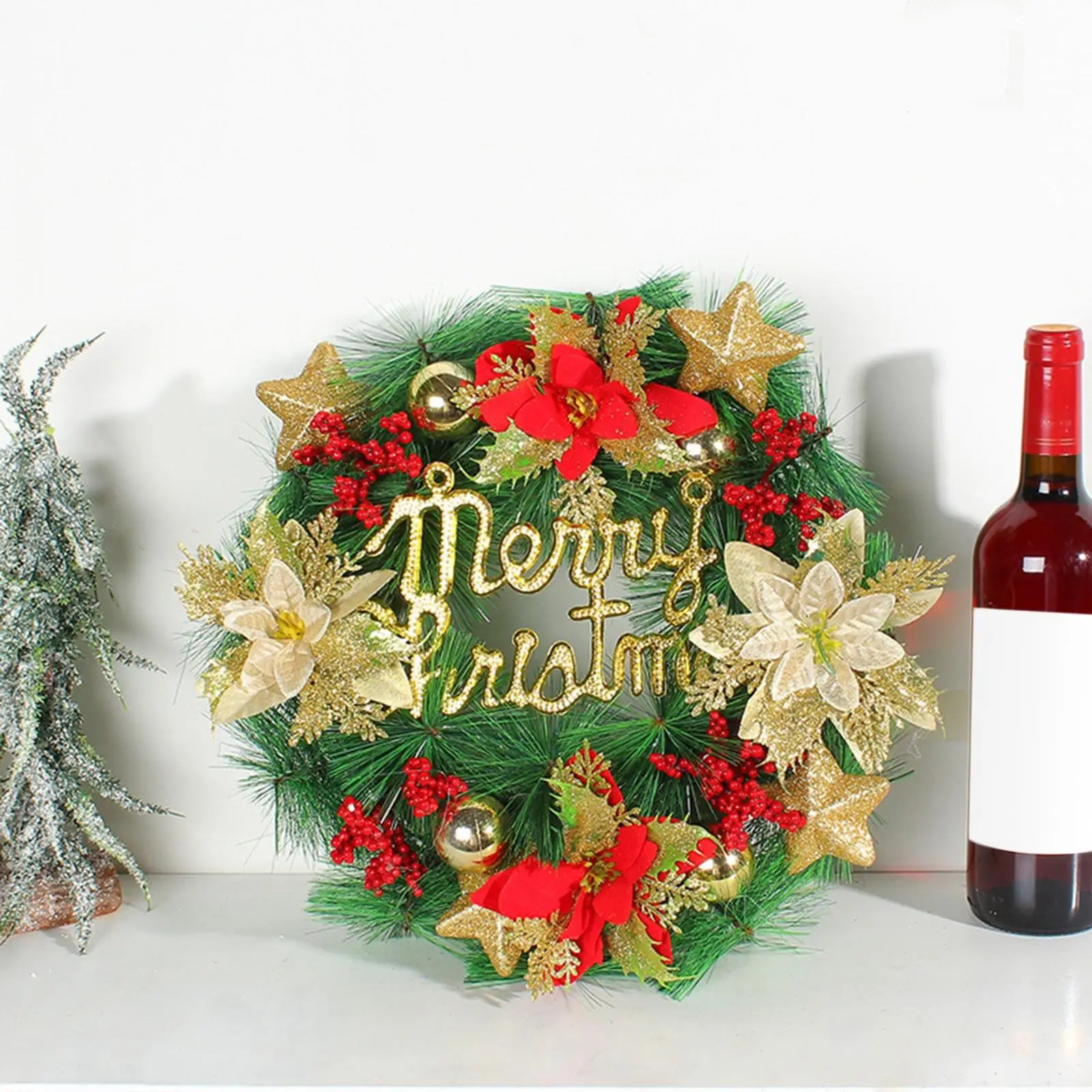

14" Christmas Wreath with Red Berries, Balls, Star Ornaments, Flower Wreath, Xmas Wreath for Shopping Mall, Home Wall, Door