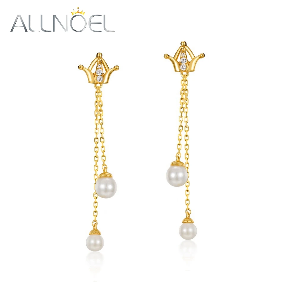 

ALLNOEL 925 Silver Crown Pearl Dangle Earrings Elegant Korea CZ Plated Gold Long Chain Stud Earrings for Women New Arrivals 2022