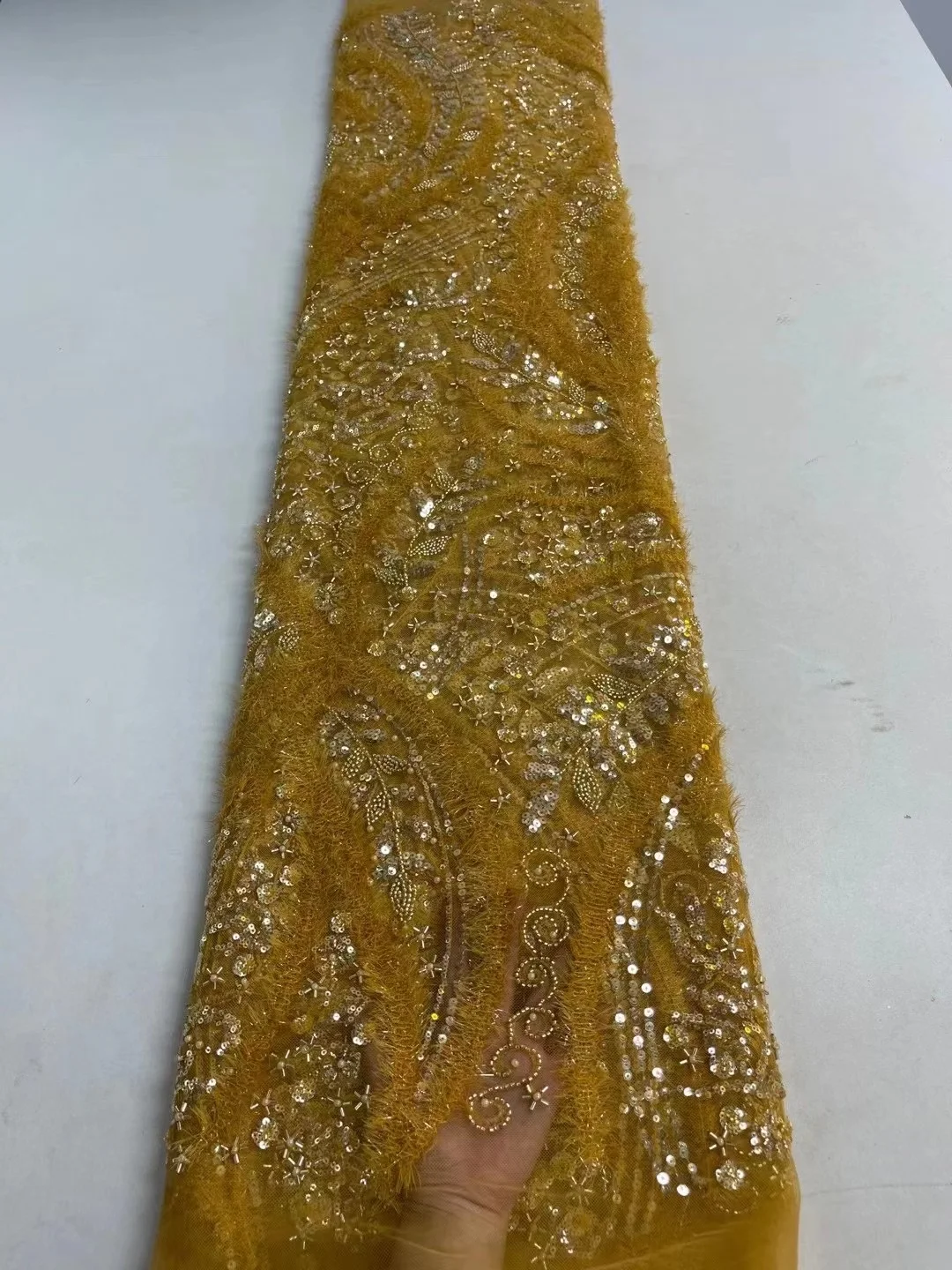 

Gold Latest African Handmade Beaded Lace Fabric 2022 High Quality French Nigerian Tulle Lace Embroidery Bridal Wedding Sewing