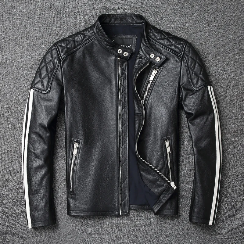 

2021 New fashion Men Leather Jacket 100% Genuine Cowhide Coat White Stripes Cool Biker Slim Short Autumn Leather Clothing.