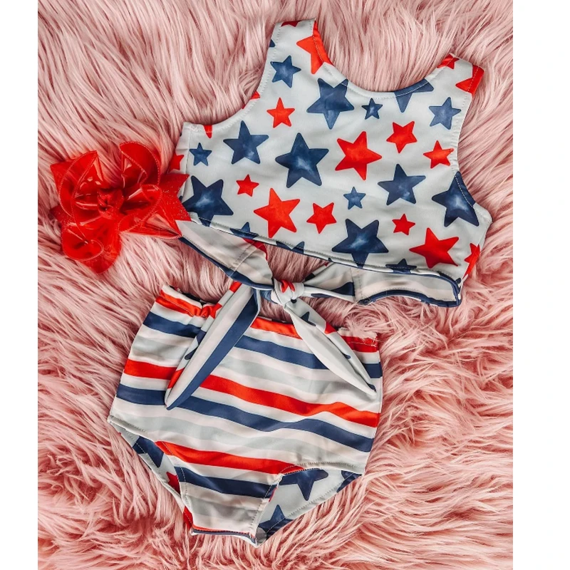 

2pcs Toddler Kid Girl Bikini Swimsuit Sleeveless Star Striped Vest Shorts Beachwear for Independence Day