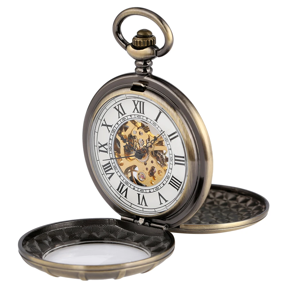 Transparent Glass Bronze Manual Mechanical Pocket Watch Vintage Pocket Chain Hand Winding Mechanism Timepiece Double Cover