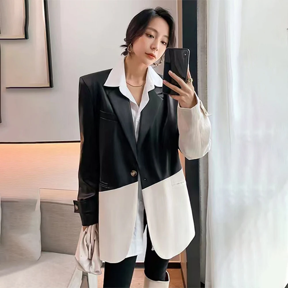 2023 Black White Colorblock Blazer For Women Lapel Collar Leather Fabric Long Sleeve Single Breasted Coat Female Fashion Jacket
