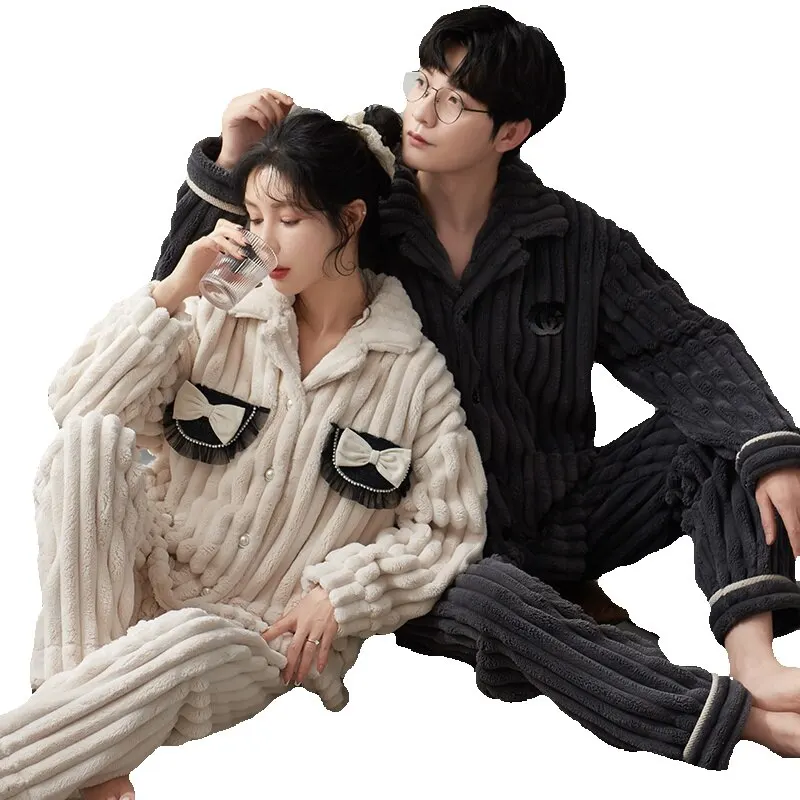 QUHENG New Flannel Pajamas for Couple Fashion Home Clothing Winter Warm Sleepwear Soft Man and Women's Pyjamas for Youth Couple