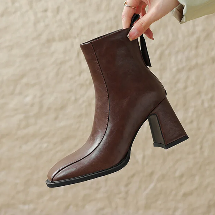 

Chic Style Brown Genuine Leather Women Ankle Boots Square Toe Back Zipper Autumn Short Botas Chunky High Heels Winter Booties