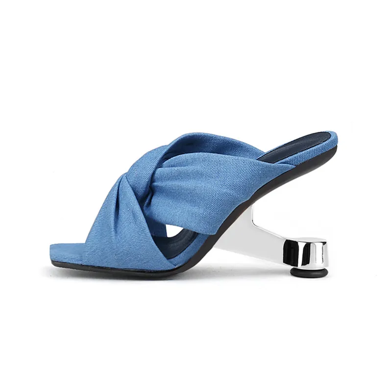 

Blue Denim Women Slippers Cross Strap Strange Fretwork High Heels Summer Shoes 2023 New Prom Pumps Black Leather Slides Femmes