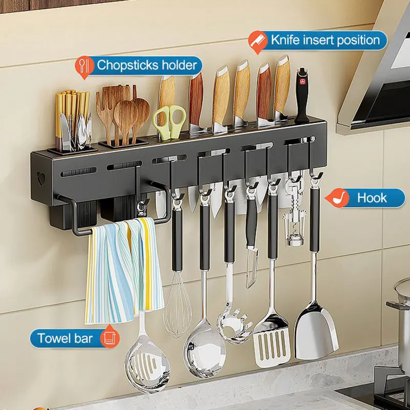 

Kitchen Shelf Wall Mounted Stainless Steel Knife Holder Multifunctional Chopsticks Tube Seasoning Rack Kitchen Storage Shelf