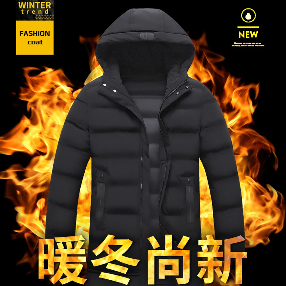 Men's winter sports cotton feather plus velvet thickening and warm new trendy cotton coat mid-length cotton jacket