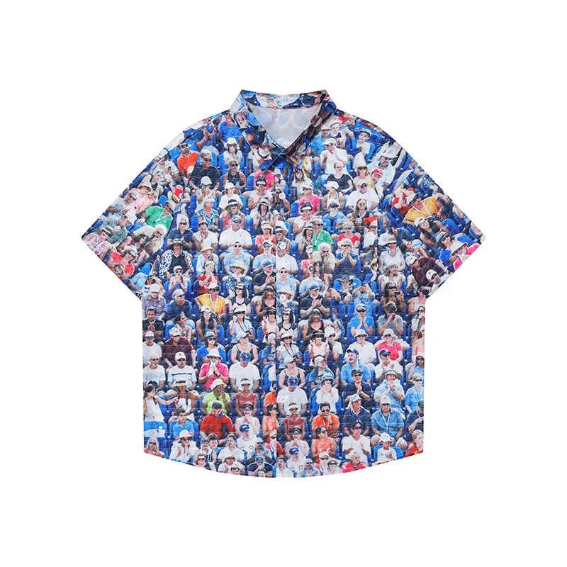 

High Street Lapel Retro Full Character Print Summer Shirts for Men and Women Short Sleeve Oversized Hip Hop Loose Tops