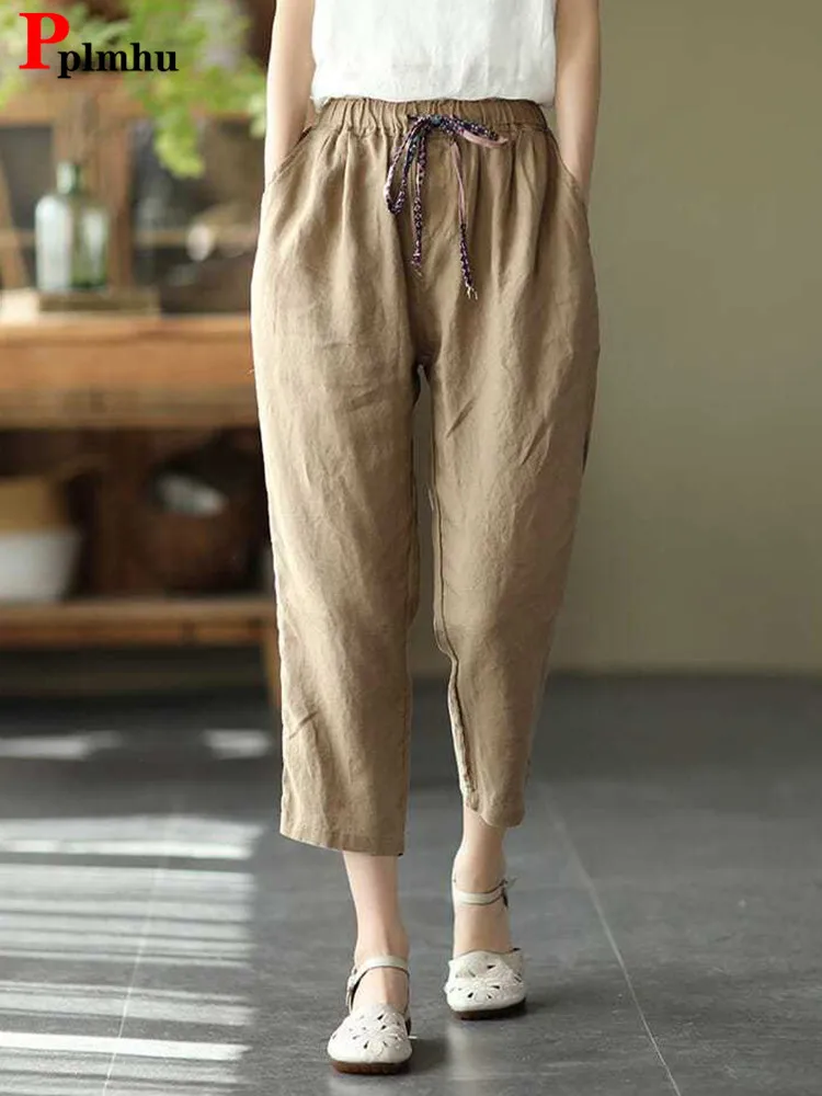 Summer Casual Lace-up Cotton Linen Harem Pants High Waist Ankle-length Baggy Women Pantalones New Vintage Big Size 4xl Sweatpant