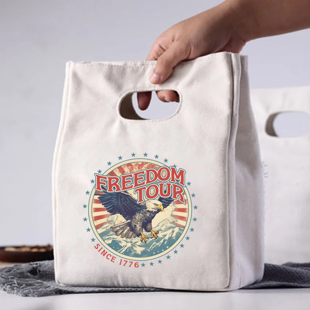 

Freedom Tour Since 1776 Print Canvas Lunch Bags Unisex America Graphics Eco Tote Bags Portable Foods Insulated Kids Lunch Bags