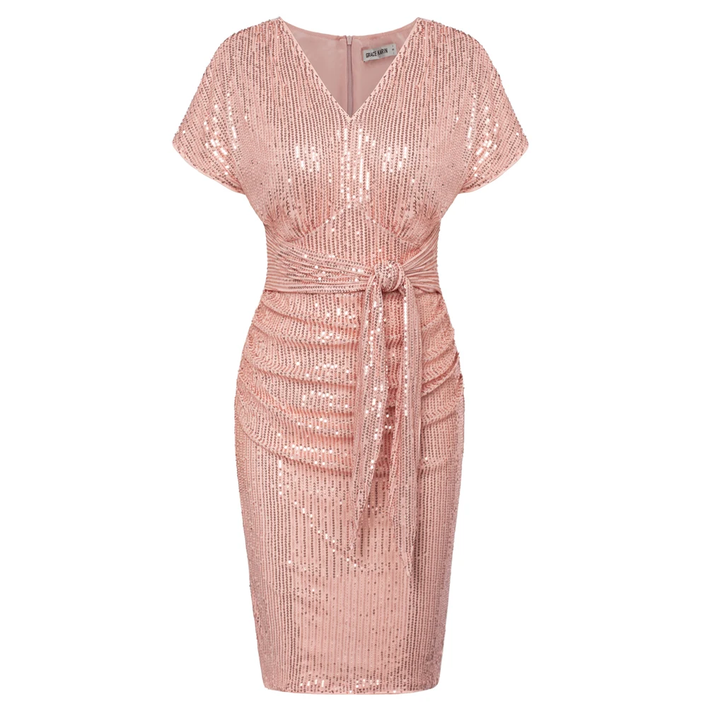 Женское облегающее платье с коротким рукавом V-образным вырезом и рюшами