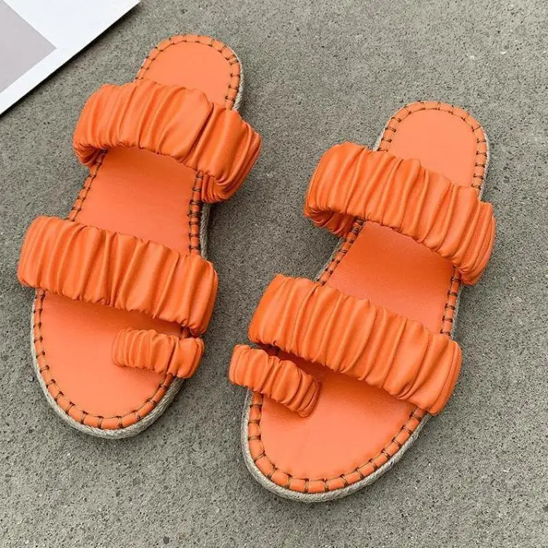 

Женские Плиссированные тапочки, Летние Женские однотонные туфли на плоской подошве, повседневная обувь с открытым носком, сланцы, женская о...
