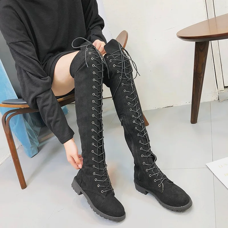 

Ботфорты женские на шнуровке, на плоской подошве, с квадратным каблуком