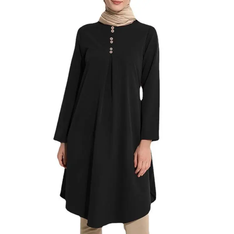 Saudi Arabia Middle East Long Sleeve Women Dresses with Botton Dubai Turkey Mubarak Solid Color Casual Loose Female Blouse