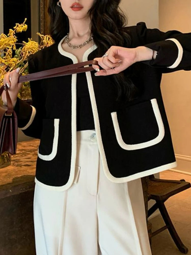 

Casual Korean Short Jacket Women Elegant Patchwork V-neck Chic Coat Female 2022 Autumn Vintage Fashion Outerwear Pockets Jackets