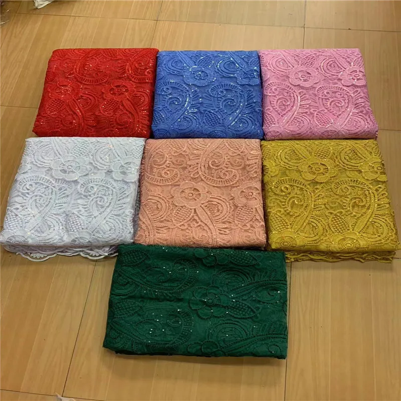 

White/Red/Pink African Lace Fabric 5Yards With Sequins High Quality 2023 French Tulle Embroidery Mesh Material For Nigerian Robe