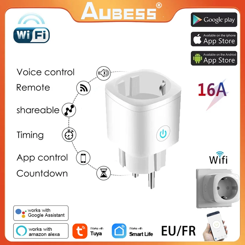 

Aubess Wifi 16A EU/FR Smart Socket Voice Control Tuya Smart Plug Smart Home Voice Control Works With Alexa Google Home Yandex
