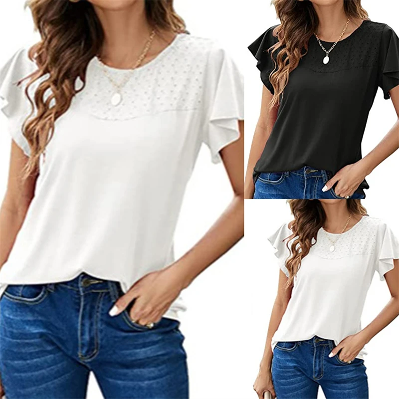 

Fashion Women Solid Color Blouse Tops summer Women's Short Sleeve Ruffles Round Neck loose Tops Ladies Casual clothes All-match