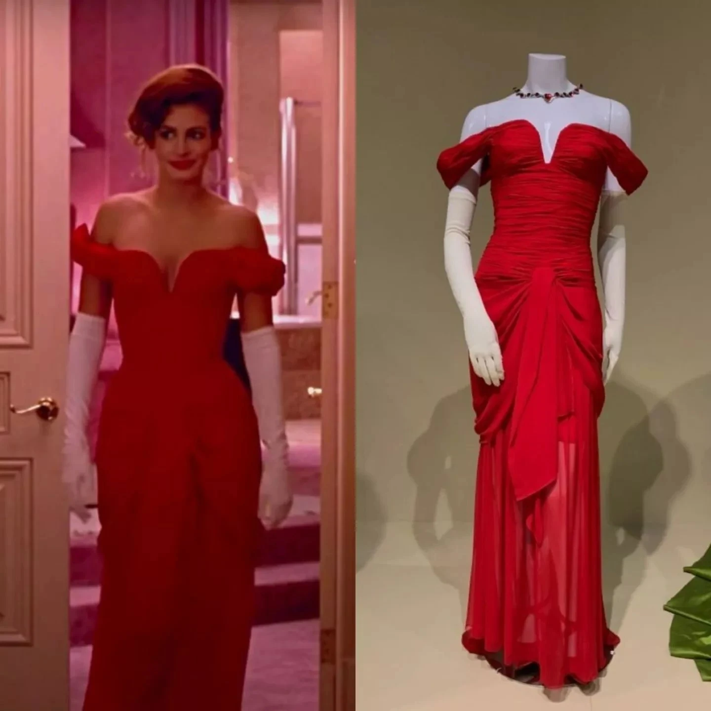 

1990 Iconic Red Prom Dresses from Pretty Woman cosplay Off Shoulder Pleated chiffon Mermaid Full length Evening Gown Robes