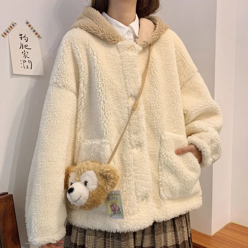 Winter Jacket Kawaii Little Bear Ears Hooded Lambswool Coats Cute Girl Full Sleeve Single-Breasted Lolita Outweare For Women Y2k