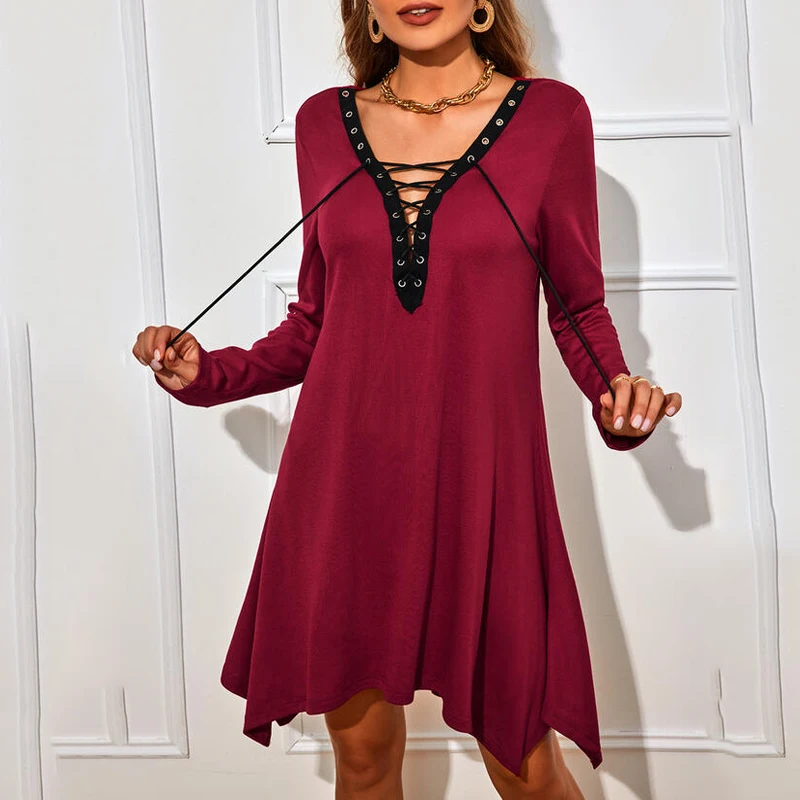 

Женское платье с V-образным вырезом и длинным рукавом, свободного покроя