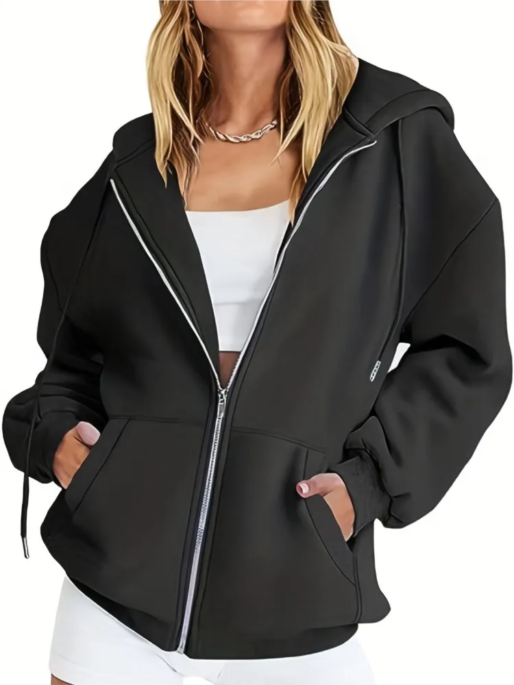 

Весенне-осенняя модная толстовка на молнии, винтажные толстовки, Женская Повседневная однотонная Толстовка Оверсайз с длинным рукавом и капюшоном и карманами, Топ