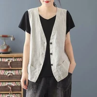 womens summer vest vintage cotton and linen vest loose sleeveless leisure thin vest solid color waistcoat cotton jacket