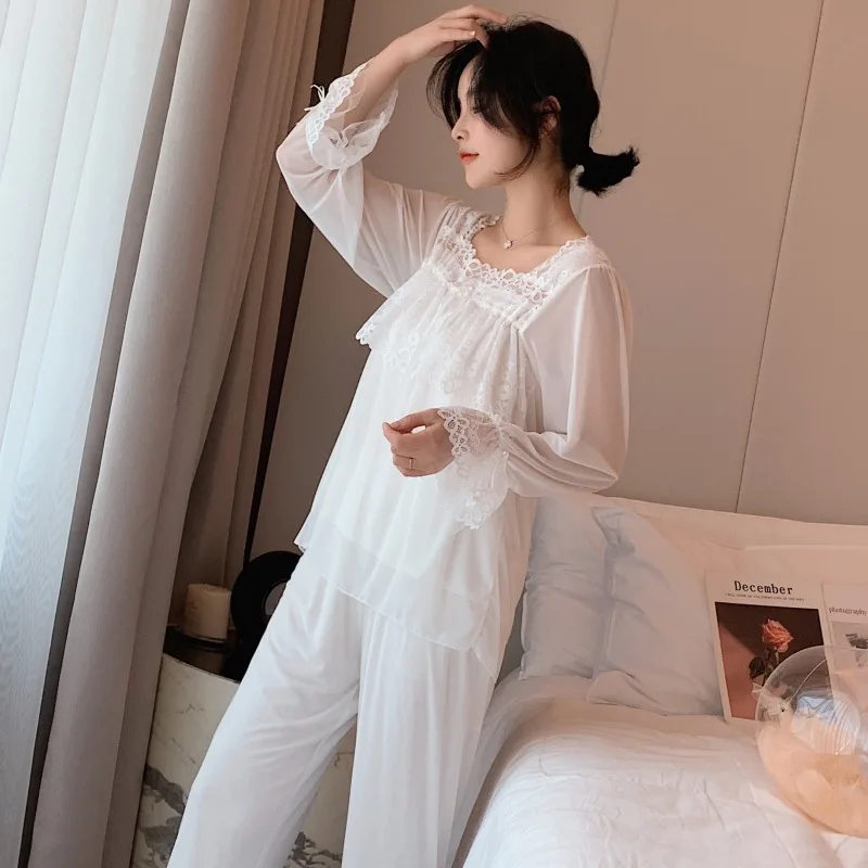 Long-Sleeved Leisure Tops Suit Lace Princess Cute Modal Pajamas  ชุดนอน  woman pijama set  пижама женская