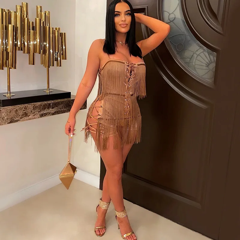

Sexy Tassel Bandage Sheer Two Piece Set Women Vacation Festival Outfits Spaghetti Strap Backless Top + Shorts Suit Matching Sets