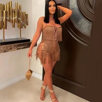 sexy tassel bandage sheer two piece set women vacation festival outfits spaghetti strap backless top shorts suit matching sets