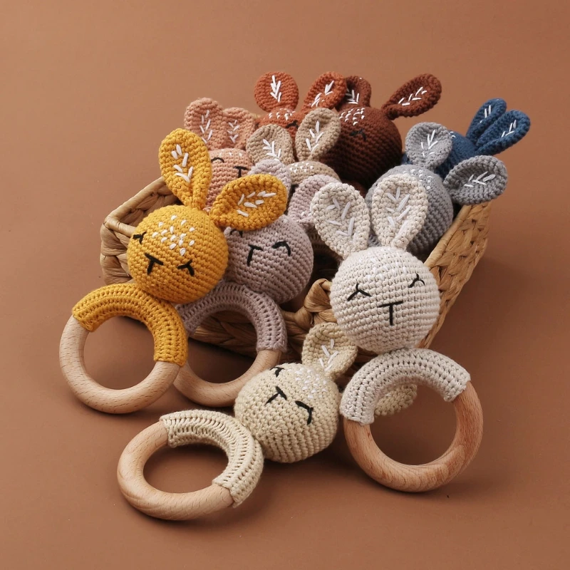 

Bunny Wooden Ring Crochet Cartoon Animal Rabbite Rattle Toy Mobile Pram Crib Newborn Molar Chewing Teether Toy Education
