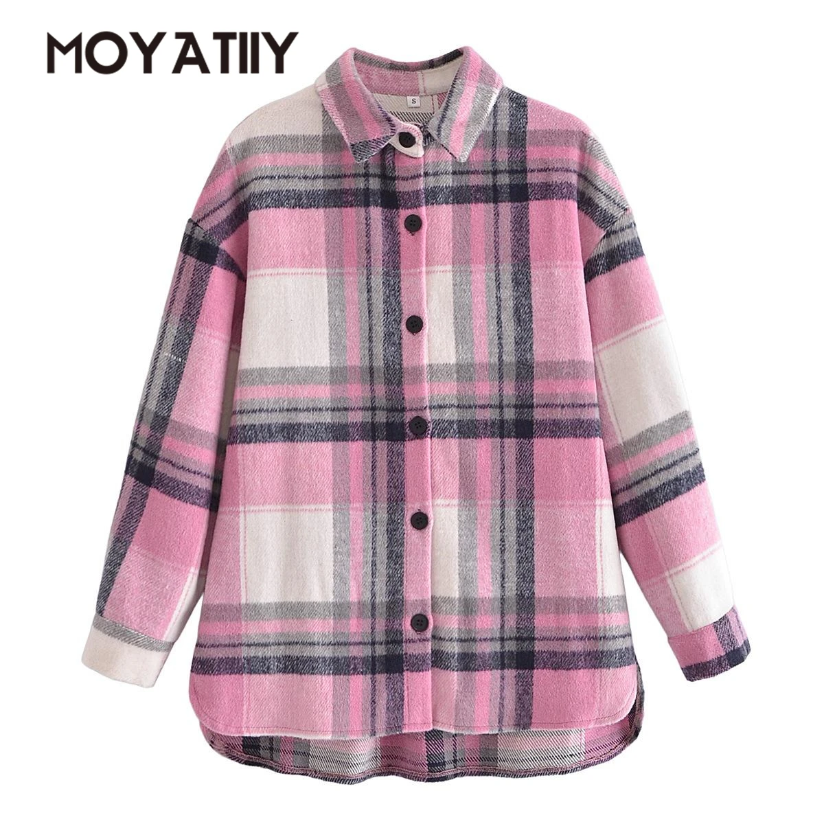 

MOYATIIY 2022 Women Fashion Winter Jacket Coats Pink Plaid Woolen Thick Overcoats Loose Long Sleeves Pocket Tops Outwear