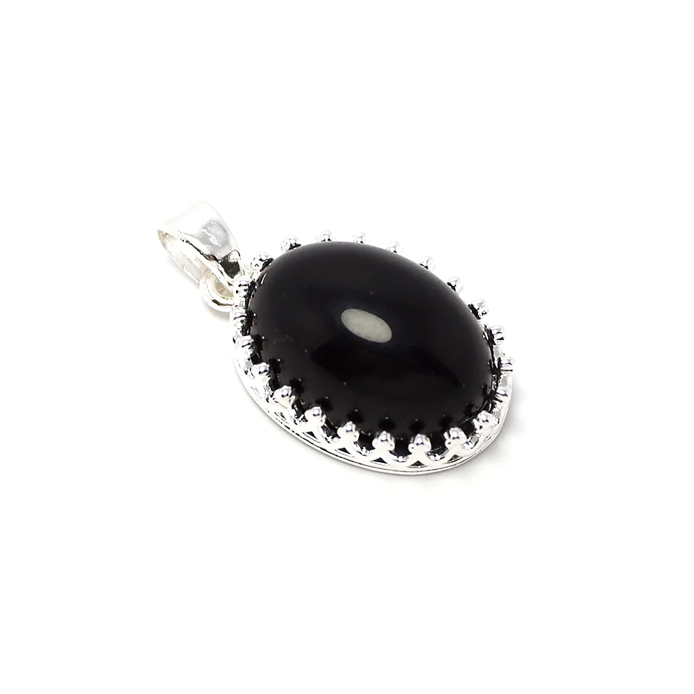 

Crown Necklace Pendant,Black Agate Cabochon Stone Inlaid,Silver Plated Brass Vintage Findings,Oval Charm Accessories With Buckle