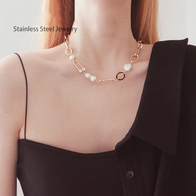 

Vintage Baroque Fresh Water Pearl Necklace Gold Color Plated Stainless Steel Paperclip Chain Choker Necklace Women Jewelry Gift