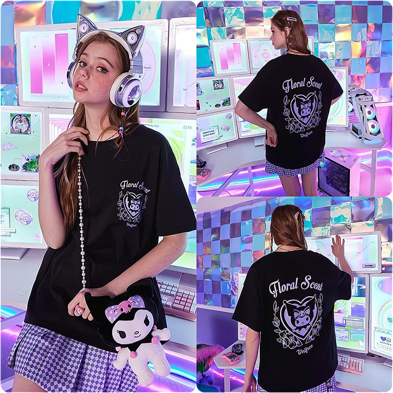 

Sanrio Kawaii Kuromi Animation Loose Top T-Shirt Summer Cute Girls Y2K Spray Paint Print Retro Short-Sleeved Clothing