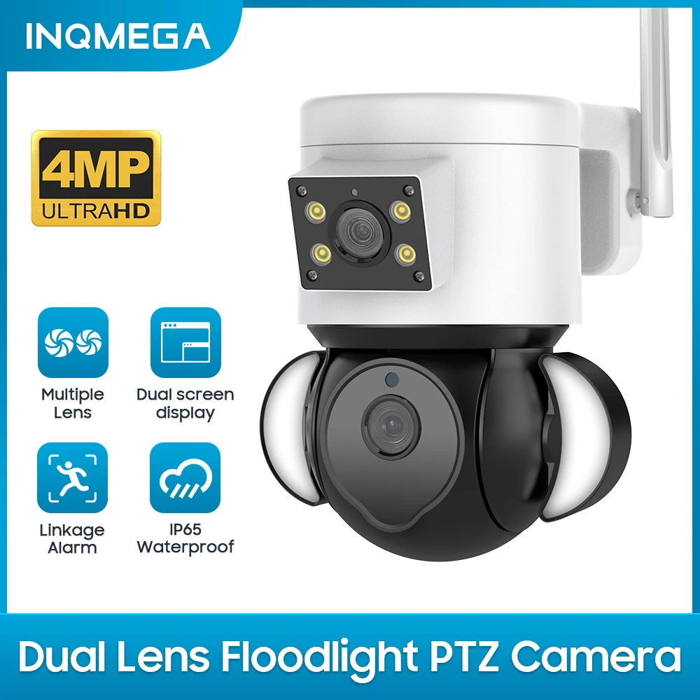 INQMEGA-cámara PTZ de doble lente con Wifi, alarma de enlace, arrastre Al ver la pantalla, reflector LED, cámara de seguimiento de movimiento, 4MP