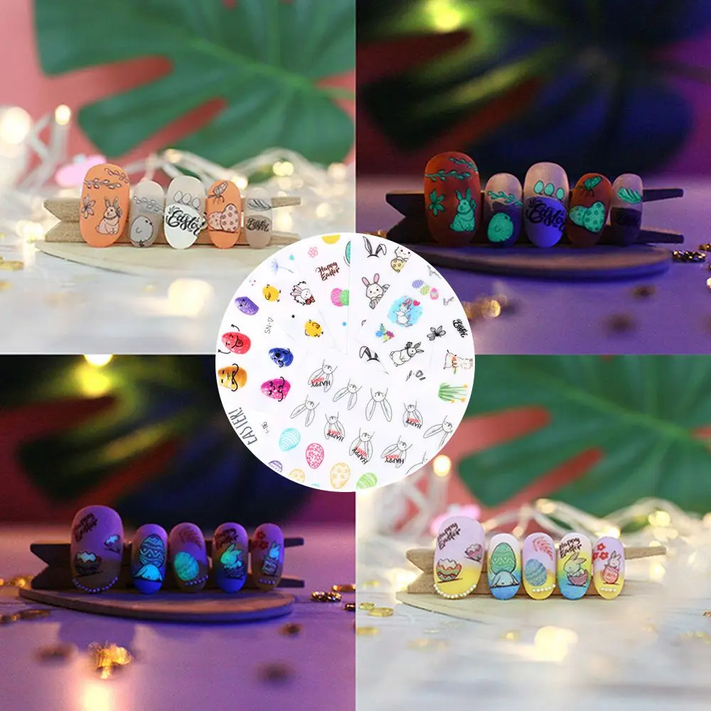 

3D Nail Art Bunny Rabbit Chick Egg Luminous Nail Art Sticker Water Decals Nails Decal Easter Nail Sticker
